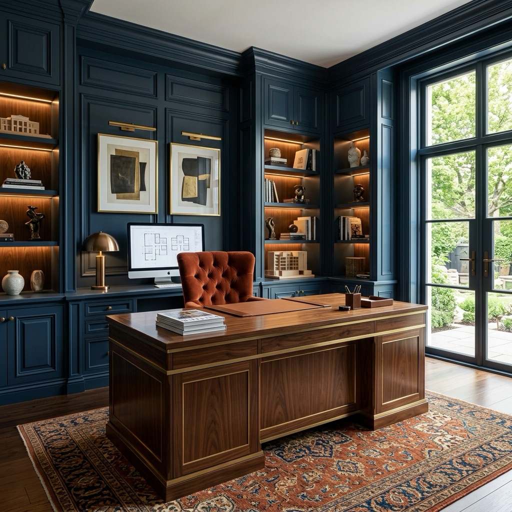 Custom office built-in by Birch & Grain with Wilsonart finish and wall paneling