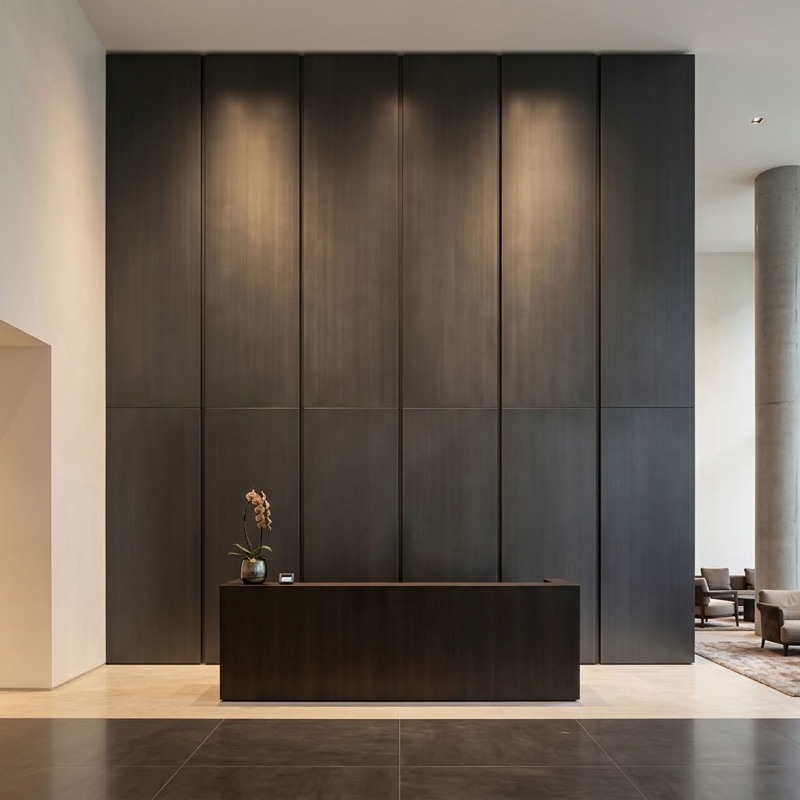 Full-height dark panelled wall with an integrated reception desk in a commercial lobby