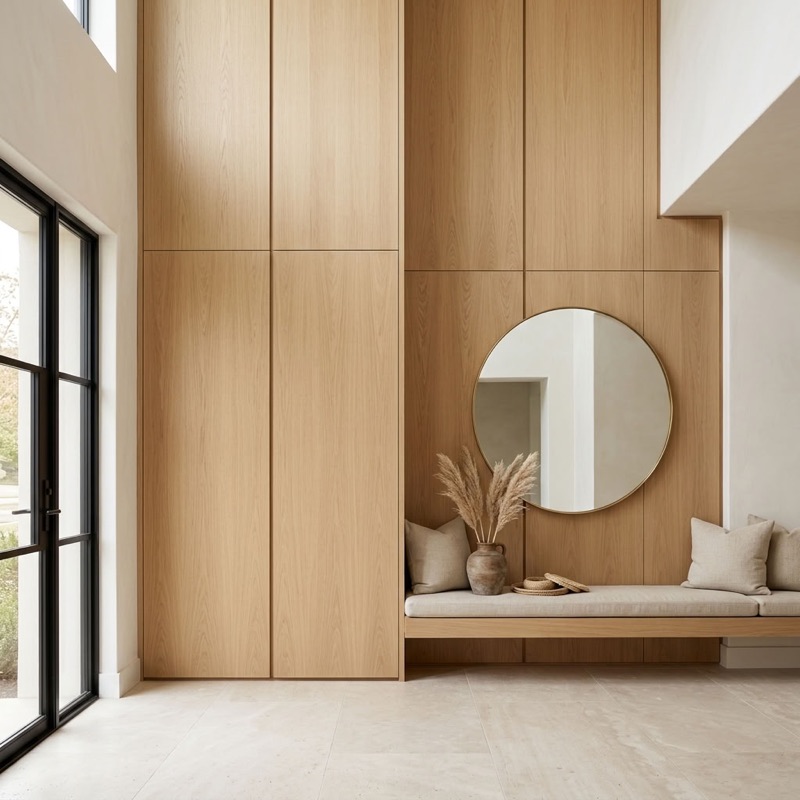 Full-height white oak panelled entry wall with a built-in bench