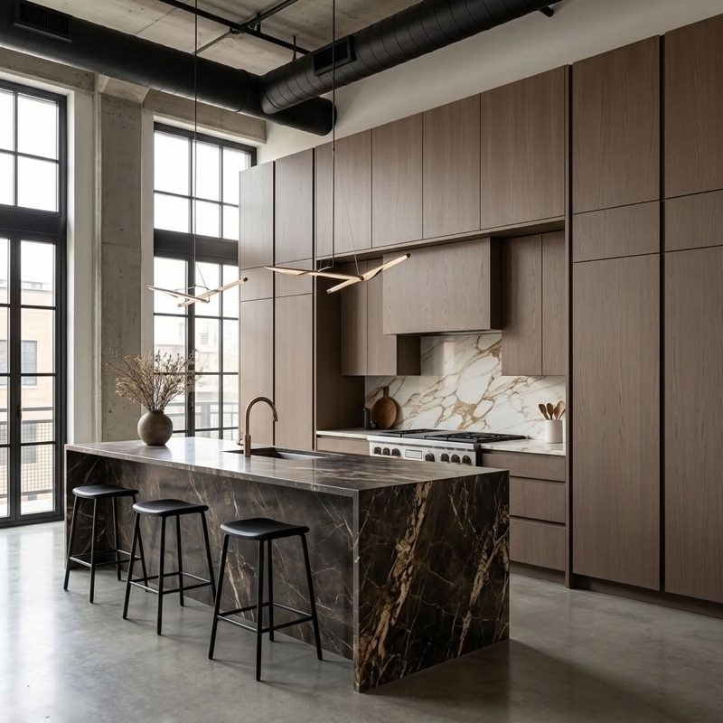 Full-height oak panelled cabinetry running floor to ceiling in a loft kitchen