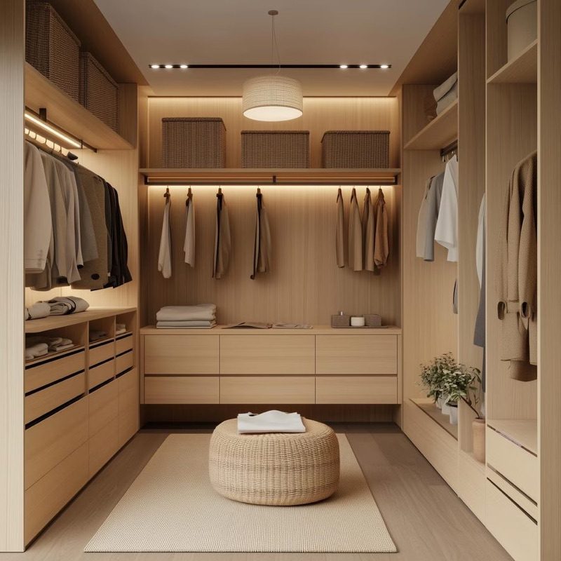 Custom walk-in closet system with drawer bank and full-height hanging