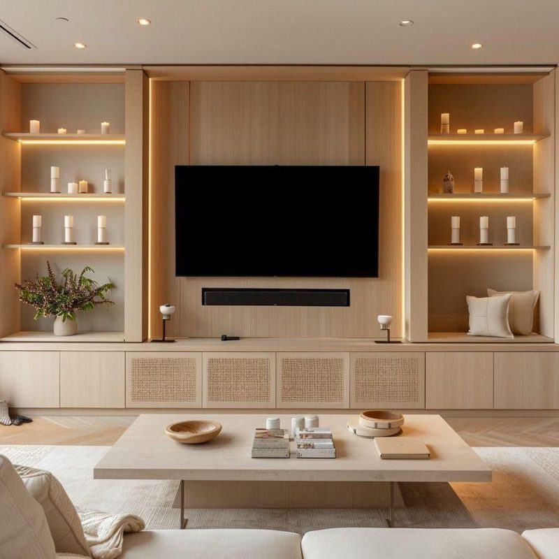 Built-in entertainment center and media wall with closed equipment storage